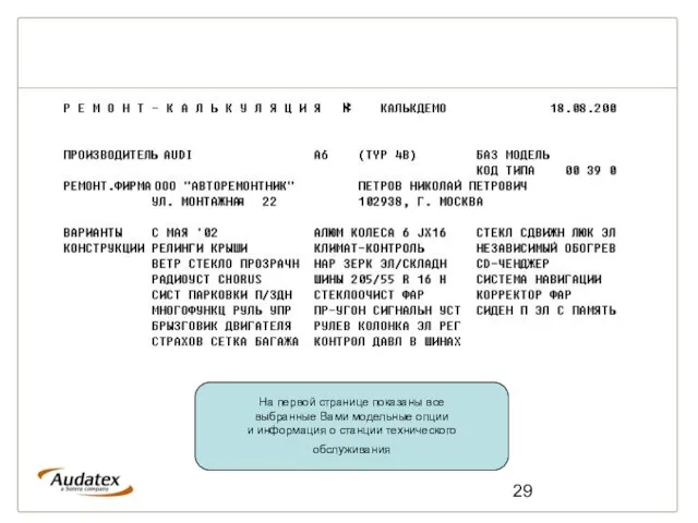 На первой странице показаны все выбранные Вами модельные опции и информация о станции технического обслуживания