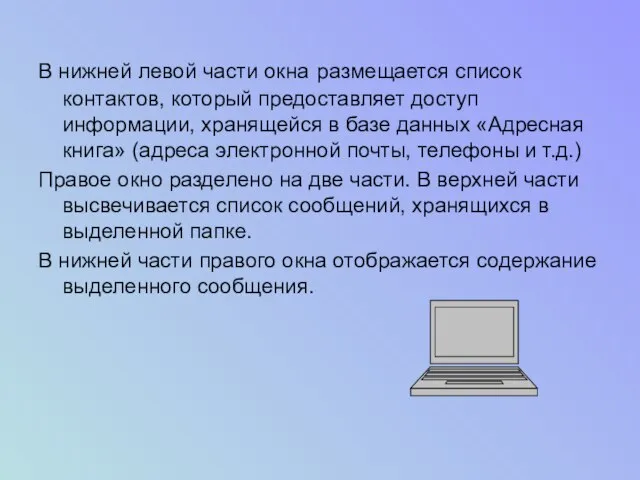 В нижней левой части окна размещается список контактов, который предоставляет доступ информации,