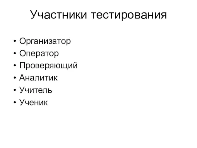 Участники тестирования Организатор Оператор Проверяющий Аналитик Учитель Ученик