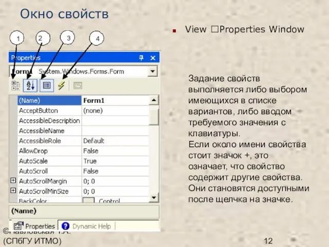©Павловская Т.А. (СПбГУ ИТМО) Окно свойств Задание свойств выполняется либо выбором имеющихся
