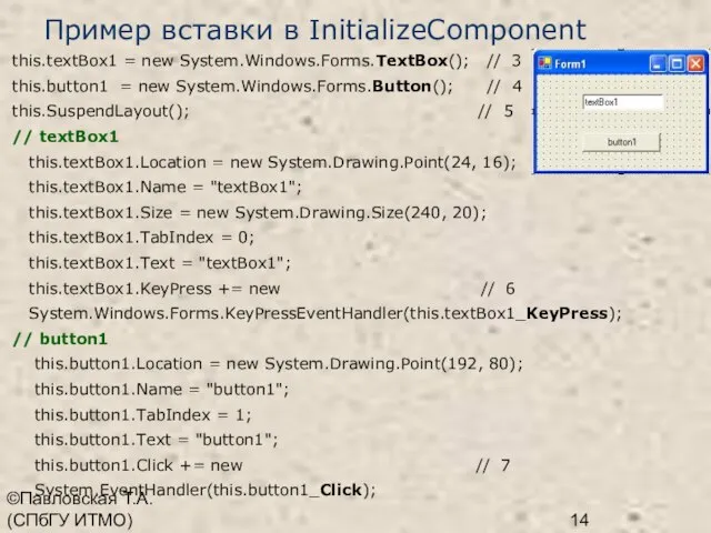 ©Павловская Т.А. (СПбГУ ИТМО) Пример вставки в InitializeComponent this.textBox1 = new System.Windows.Forms.TextBox();