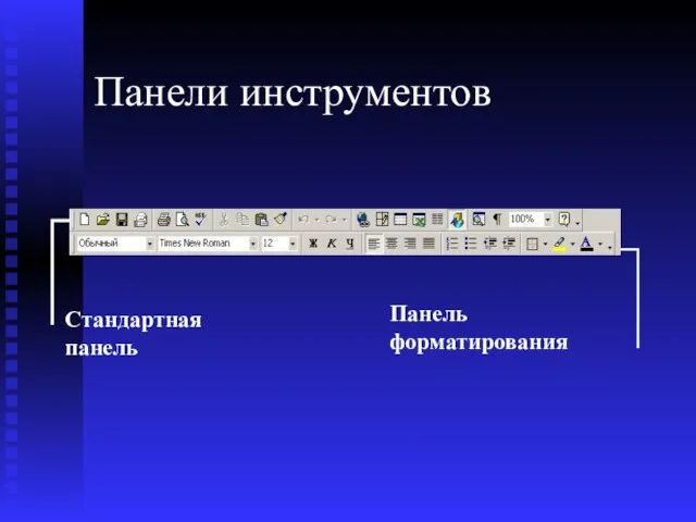 Панели инструментов Стандартная панель Панель форматирования