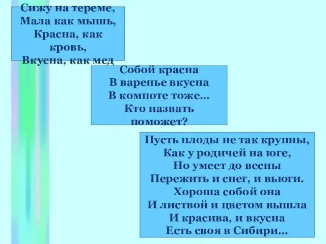 Сижу на тереме, Мала как мышь, Красна, как кровь, Вкусна, как мед