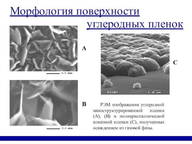 Морфология поверхности РЭМ изображения углеродной наноструктурированной пленки (А), (В) и поликристаллической алмазной