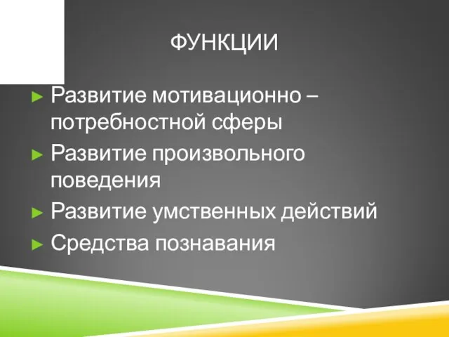 ФУНКЦИИ Развитие мотивационно – потребностной сферы Развитие произвольного поведения Развитие умственных действий Средства познавания