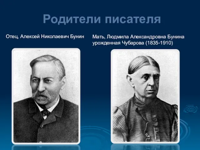 Родители писателя Отец, Алексей Николаевич Бунин Мать, Людмила Александровна Бунина урожденная Чубарова (1835-1910)