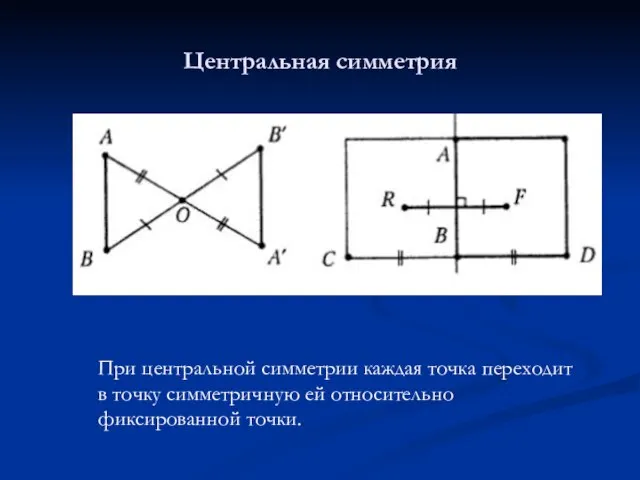 Центральная симметрия При центральной симметрии каждая точка переходит в точку симметричную ей относительно фиксированной точки.