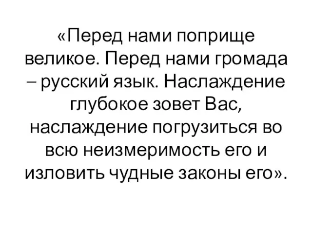 «Перед нами поприще великое. Перед нами громада – русский язык. Наслаждение глубокое