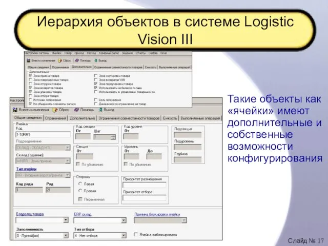 Иерархия объектов в системе Logistic Vision III Такие объекты как «ячейки» имеют