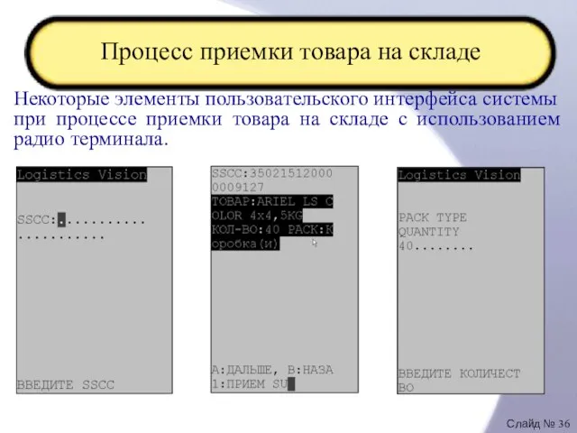 Процесс приемки товара на складе Некоторые элементы пользовательского интерфейса системы при процессе