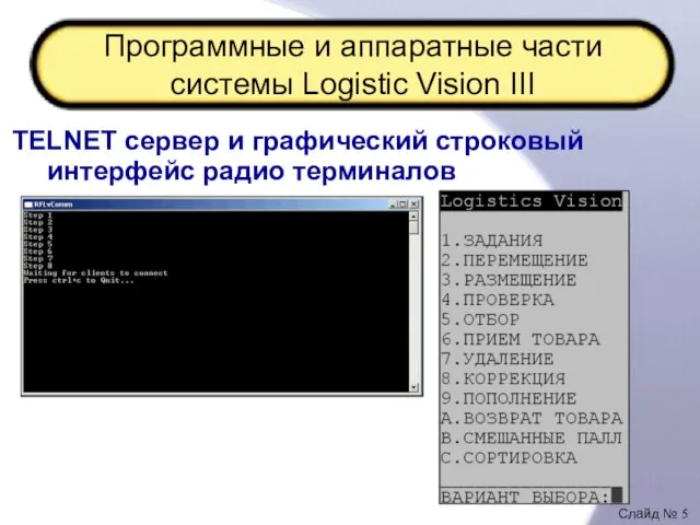 Программные и аппаратные части системы Logistic Vision III TELNET сервер и графический строковый интерфейс радио терминалов