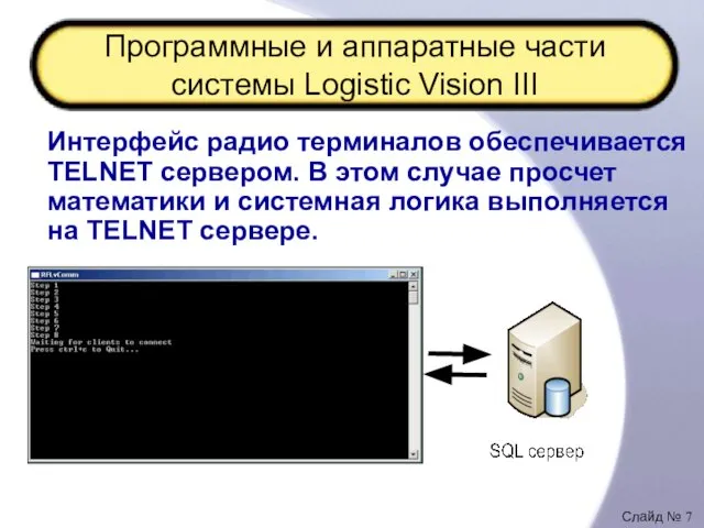 Программные и аппаратные части системы Logistic Vision III Интерфейс радио терминалов обеспечивается