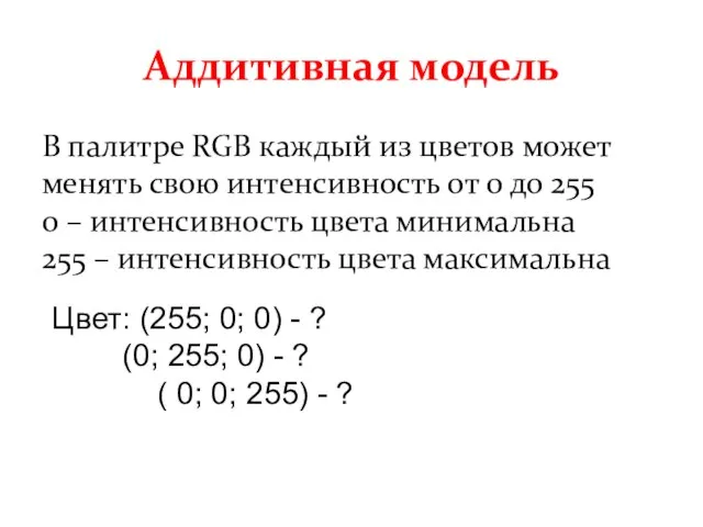 Аддитивная модель В палитре RGB каждый из цветов может менять свою интенсивность