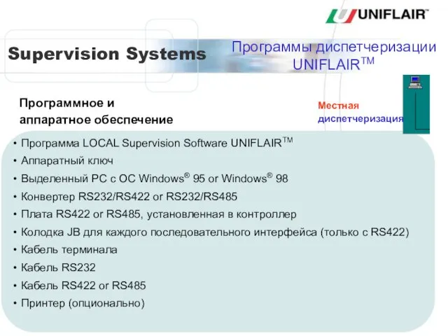 Программа LOCAL Supervision Software UNIFLAIRTM Аппаратный ключ Выделенный PC с ОС Windows®