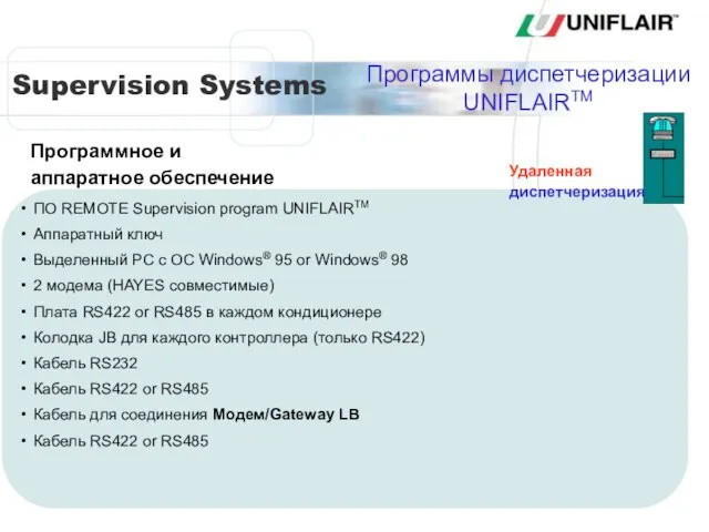 ПО REMOTE Supervision program UNIFLAIRTM Аппаратный ключ Выделенный PC с ОС Windows®