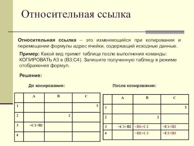 Относительная ссылка Относительная ссылка – это изменяющийся при копировании и перемещении формулы