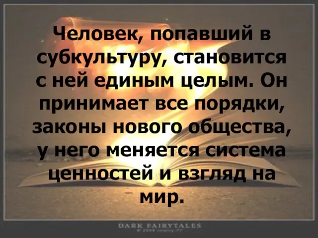 Человек, попавший в субкультуру, становится с ней единым целым. Он принимает все