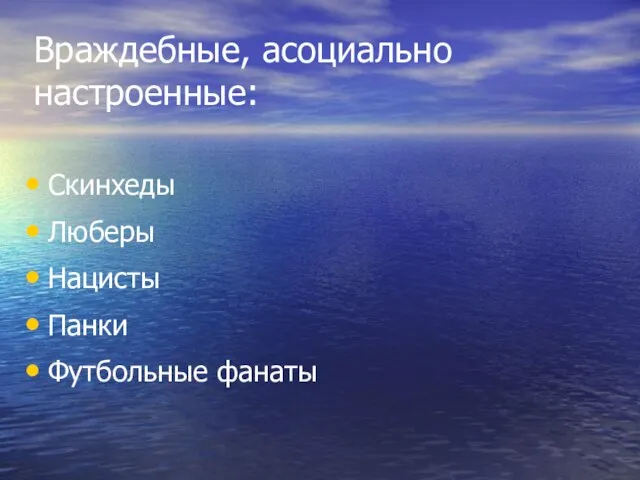 Враждебные, асоциально настроенные: Скинхеды Люберы Нацисты Панки Футбольные фанаты