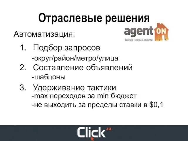 Отраслевые решения Автоматизация: Подбор запросов Составление объявлений Удерживание тактики округ/район/метро/улица шаблоны max