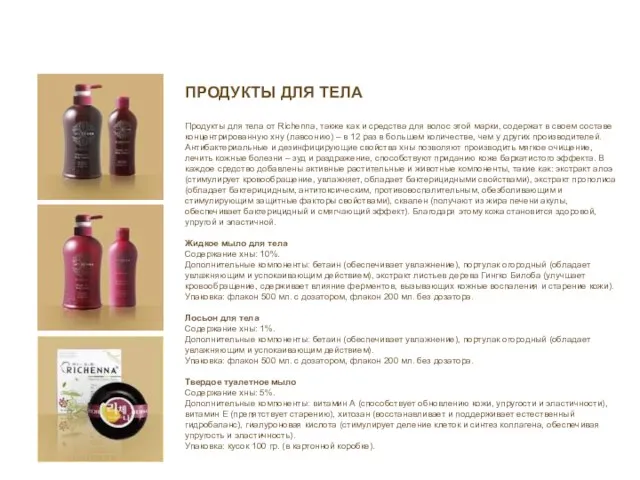 ПРОДУКТЫ ДЛЯ ТЕЛА Продукты для тела от Richenna, также как и средства