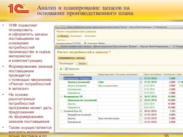 Анализ и планирование запасов на основании производственного плана УНФ позволяет планировать и