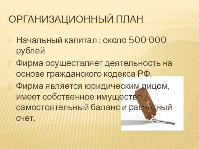 ОРГАНИЗАЦИОННЫЙ ПЛАН Начальный капитал : около 500 000 рублей Фирма осуществляет деятельность