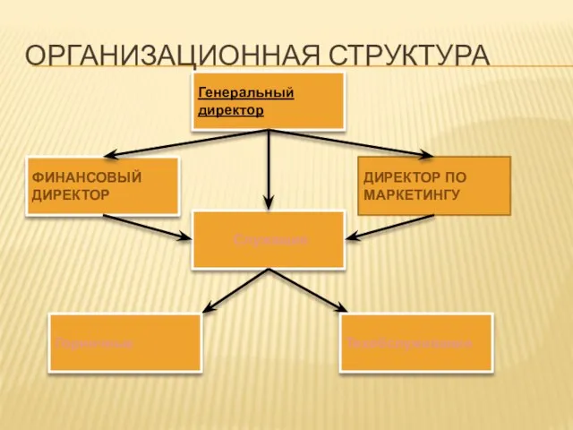 ОРГАНИЗАЦИОННАЯ СТРУКТУРА ФИНАНСОВЫЙ ДИРЕКТОР Генеральный директор ДИРЕКТОР ПО МАРКЕТИНГУ Служащие Горничные Техобслуживание