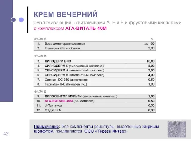 КРЕМ ВЕЧЕРНИЙ омолаживающий, с витаминами A, E и F и фруктовыми кислотами с комплексом АГА-ВИТАЛЬ 40М