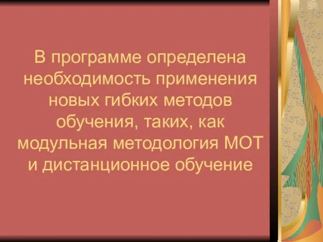 В программе определена необходимость применения новых гибких методов обучения, таких, как модульная