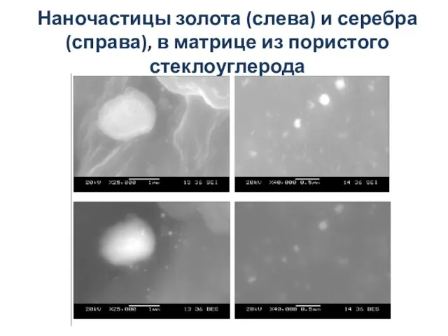 Наночастицы золота (слева) и серебра (справа), в матрице из пористого стеклоуглерода