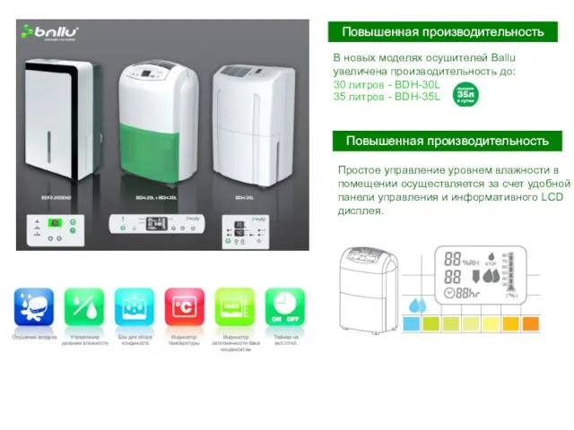 Повышенная производительность В новых моделях осушителей Ballu увеличена производительность до: 30 литров