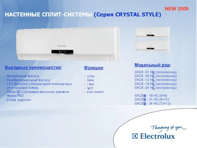 НАСТЕННЫЕ СПЛИТ-СИСТЕМЫ (Серия CRYSTAL STYLE) Модельный ряд: EACS -07 HC (тепло/холод) EACS