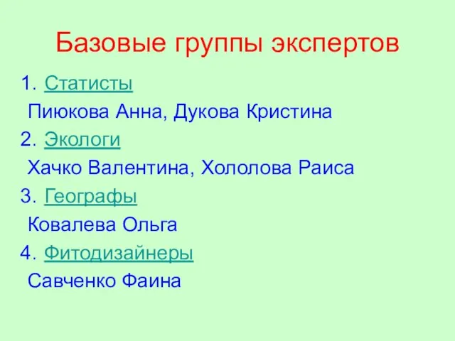 Базовые группы экспертов Статисты Пиюкова Анна, Дукова Кристина Экологи Хачко Валентина, Хололова