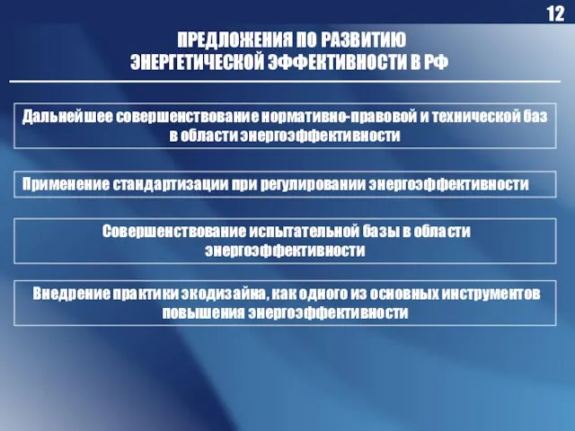 ПРЕДЛОЖЕНИЯ ПО РАЗВИТИЮ ЭНЕРГЕТИЧЕСКОЙ ЭФФЕКТИВНОСТИ В РФ Дальнейшее совершенствование нормативно-правовой и технической