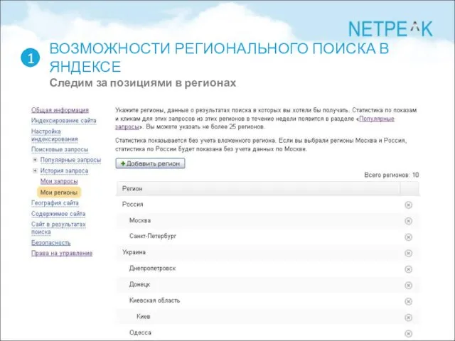 ВОЗМОЖНОСТИ РЕГИОНАЛЬНОГО ПОИСКА В ЯНДЕКСЕ Следим за позициями в регионах 1