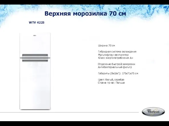 Ширина 70 см Гибридная система охлаждения Мультифлоу+вентилятор Класс энергопотребления А+ Отделение быстрой