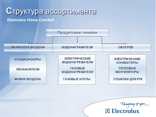 Структура ассортимента Продуктовые линейки КОНДИЦИОНЕРЫ УВЛАЖНИТЕЛИ ОБРАБОТКА ВОЗДУХА МОЙКИ ВОЗДУХА ЭЛЕКТРИЧЕСКИЕ ВОДОНАГРЕВАТЕЛИ