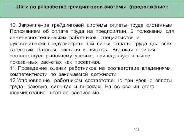 Шаги по разработке грейдинговой системы (продолжение): 10. Закрепление грейдинговой системы оплаты труда