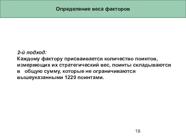 Определение веса факторов 2-й подход: Каждому фактору присваивается количество поинтов, измеряющих их