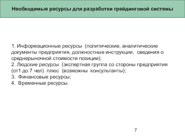 Необходимые ресурсы для разработки грейдинговой системы 1. Информационные ресурсы (политические, аналитические документы