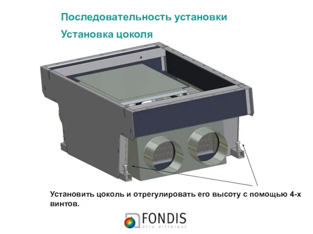 Последовательность установки Установка цоколя Установить цоколь и отрегулировать его высоту с помощью 4-х винтов.