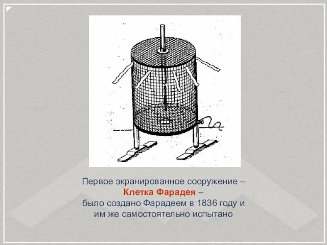 Первое экранированное сооружение – Клетка Фарадея – было создано Фарадеем в 1836