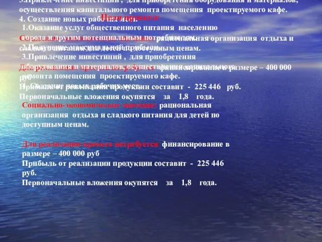 Цели проекта: 1.Оказание услуг общественного питания населению города и другим потенциальным потребителям.