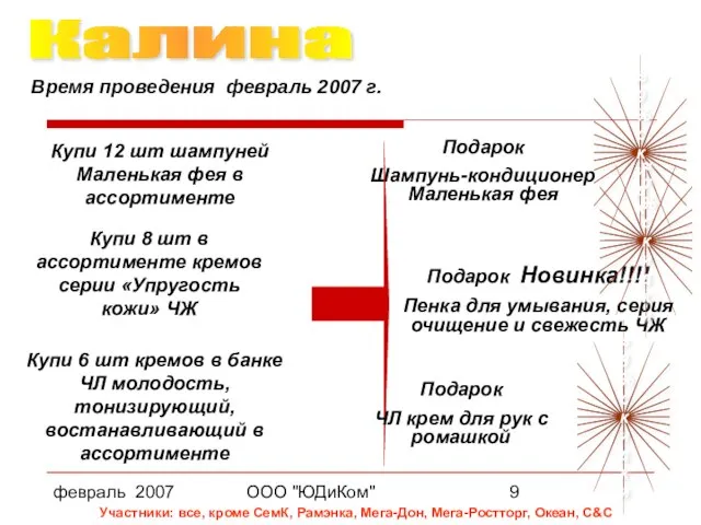 февраль 2007 ООО "ЮДиКом" Калина Время проведения февраль 2007 г. Купи 12