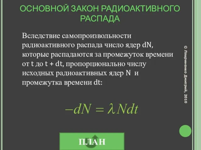 ОСНОВНОЙ ЗАКОН РАДИОАКТИВНОГО РАСПАДА Вследствие самопроизвольности радиоактивного распада число ядер dN, которые