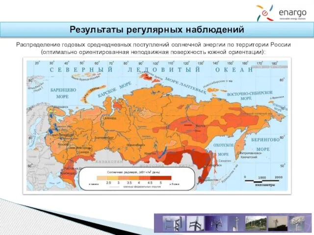 Результаты регулярных наблюдений Распределение годовых среднедневных поступлений солнечной энергии по территории России