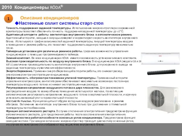 Настенные сплит системы старт-стоп 2010 Кондиционеры RÖDA® Точность поддержания заданной температуры. Использование