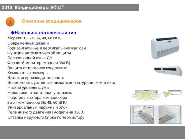 Напольно-потолочный тип 2010 Кондиционеры RÖDA® Модели 18; 24; 36; 48; 60 kBTU