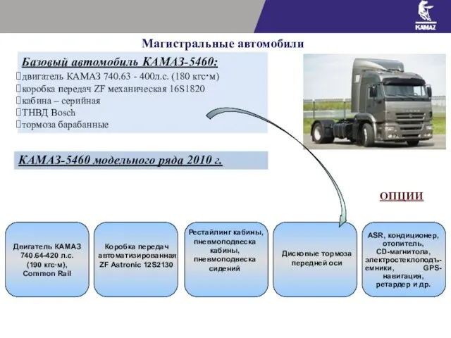 Базовый автомобиль КАМАЗ-5460: двигатель КАМАЗ 740.63 - 400л.с. (180 кгс·м) коробка передач