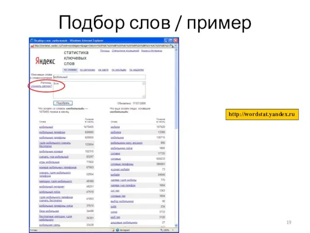 http://wordstat.yandex.ru Подбор слов / пример